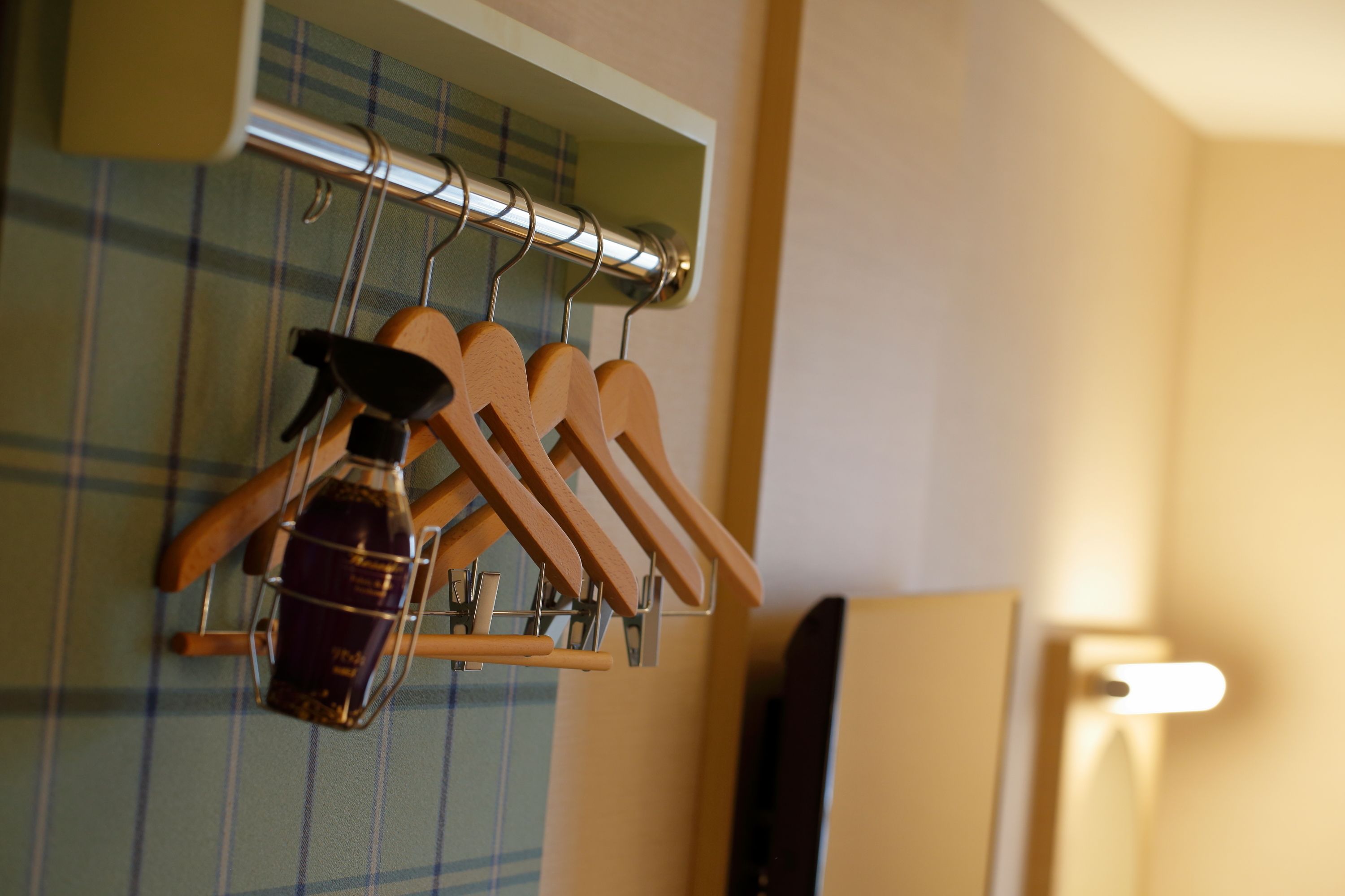 A wall-mounted drying rack with wooden hangers and a bottle of hand soap.