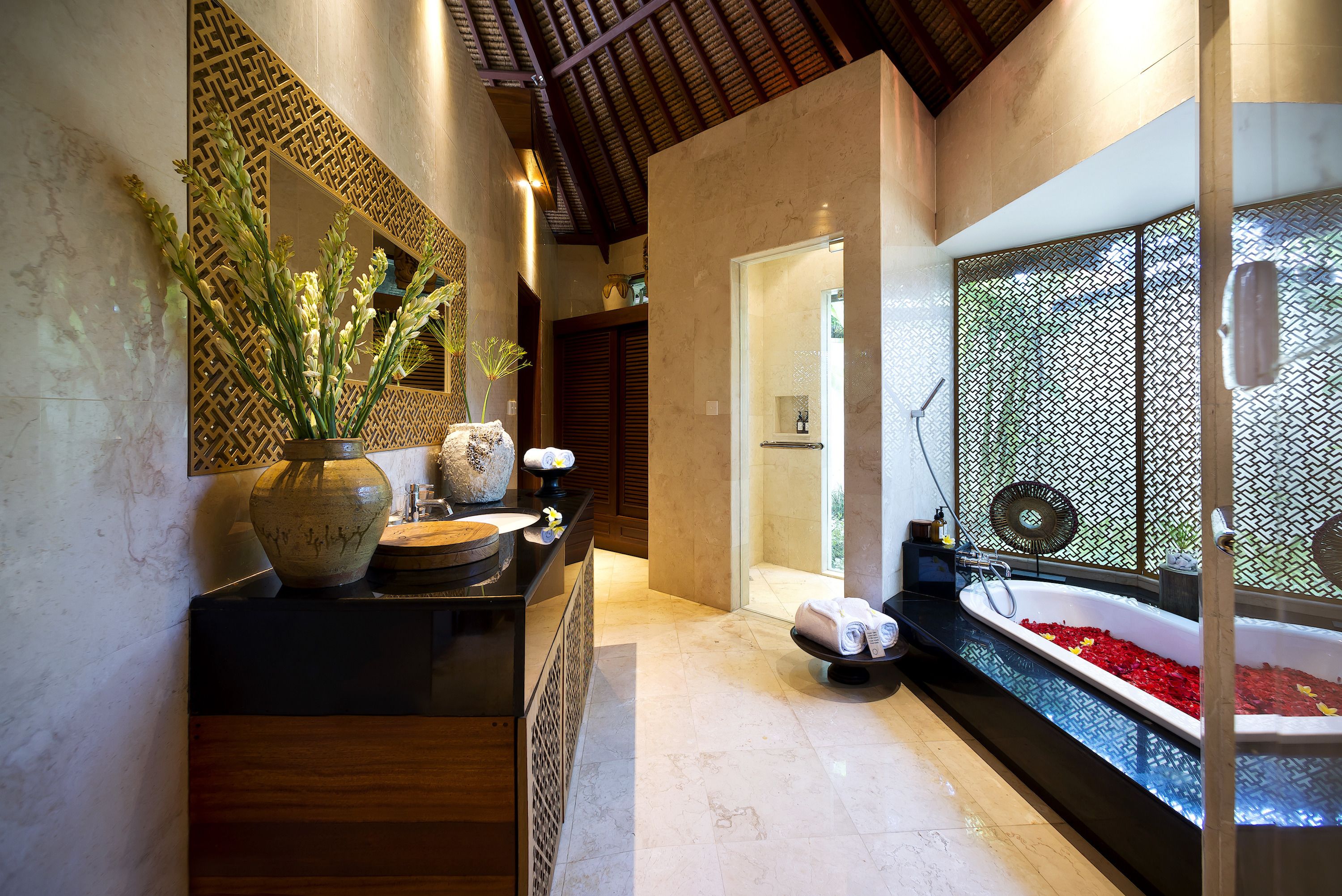 separate bathtub and shower, free toiletries, bathrobes, slippers