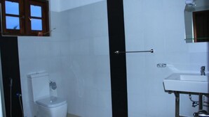 A bathroom with a toilet, a sink, and a mirror.