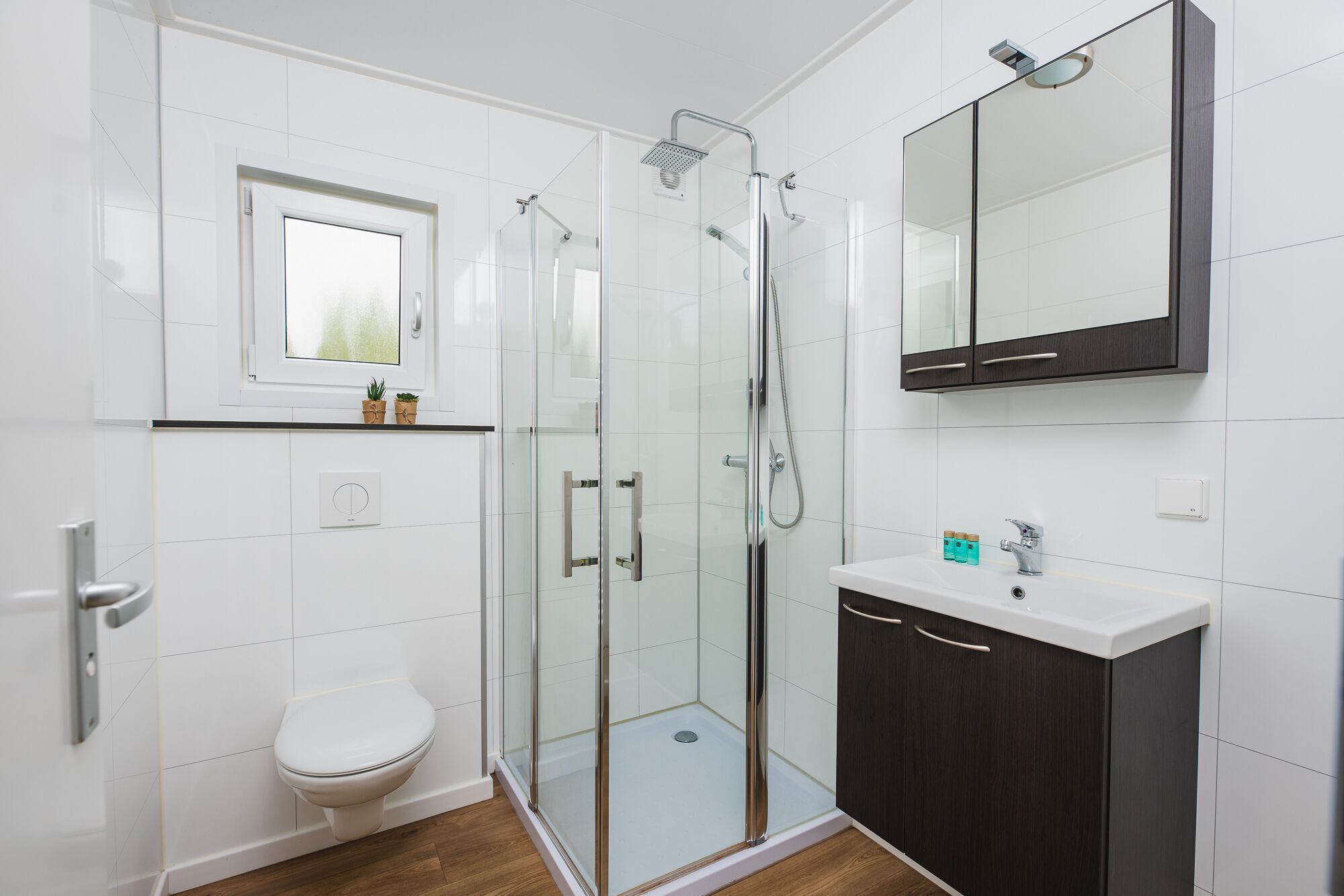 A modern bathroom with a glass-enclosed shower, a toilet, a vanity with a mirror, and a window above the toilet.