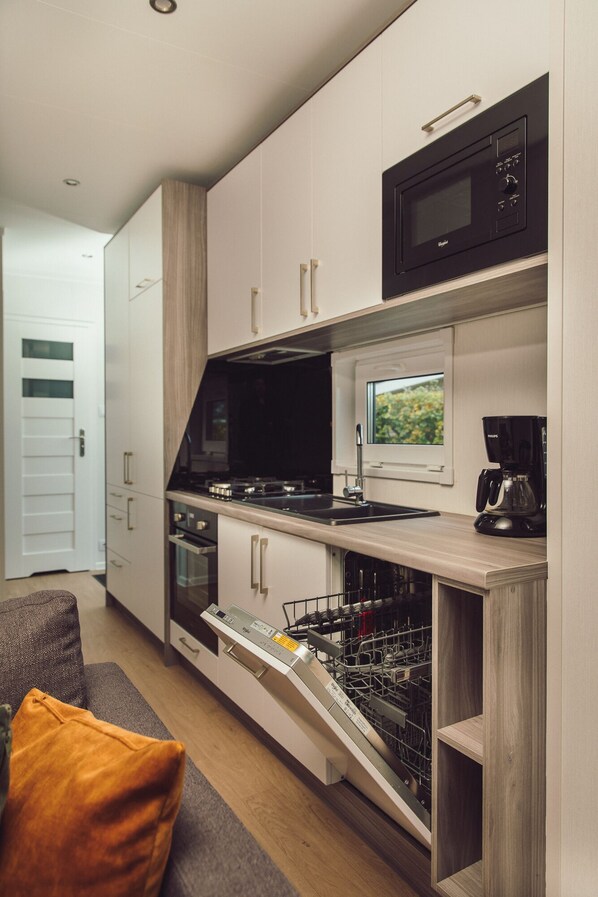 A compact kitchen with a dishwasher, a microwave, and a coffee maker. - Buitenplaats Holten (Rijssen)