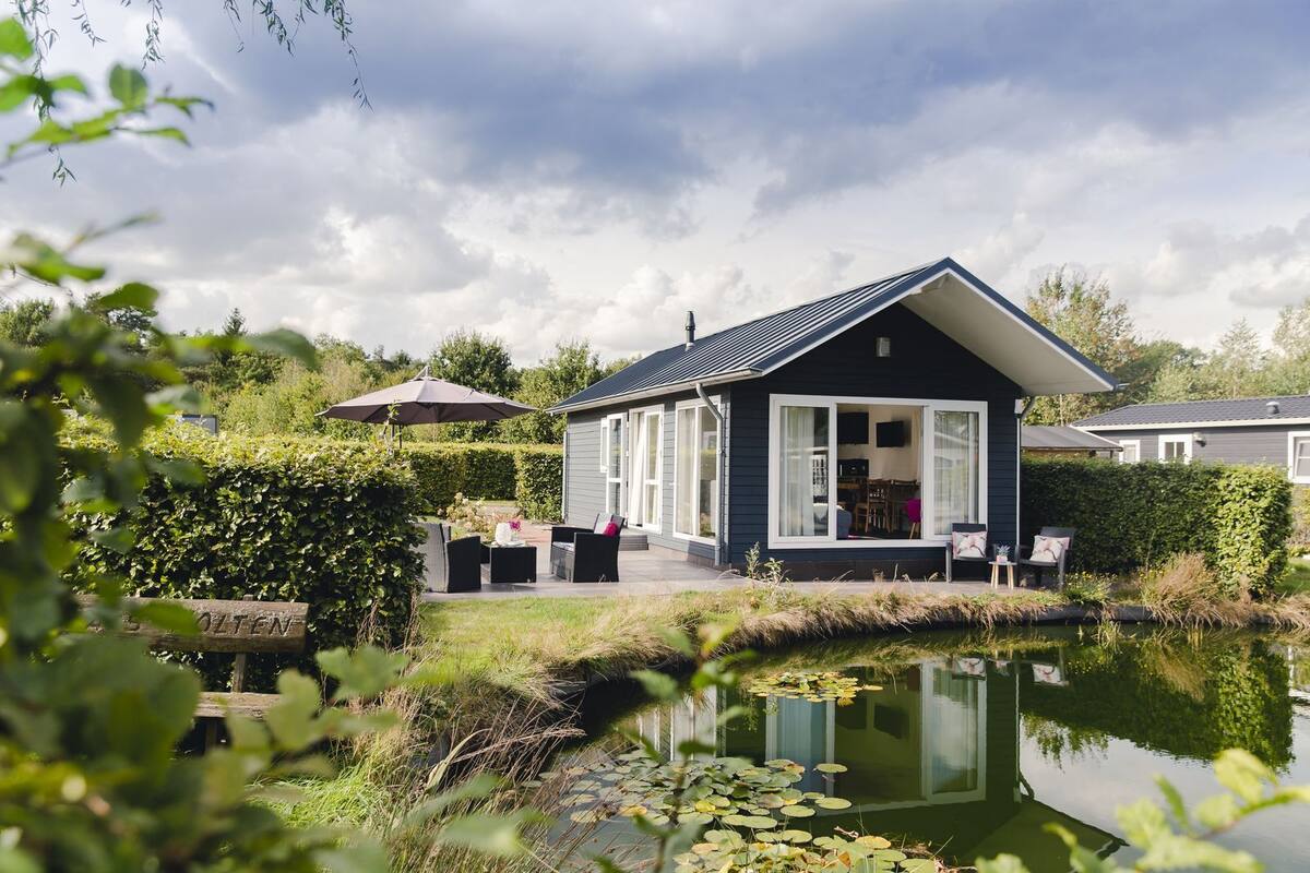 A modern house with a large patio, a pond, and a garden.