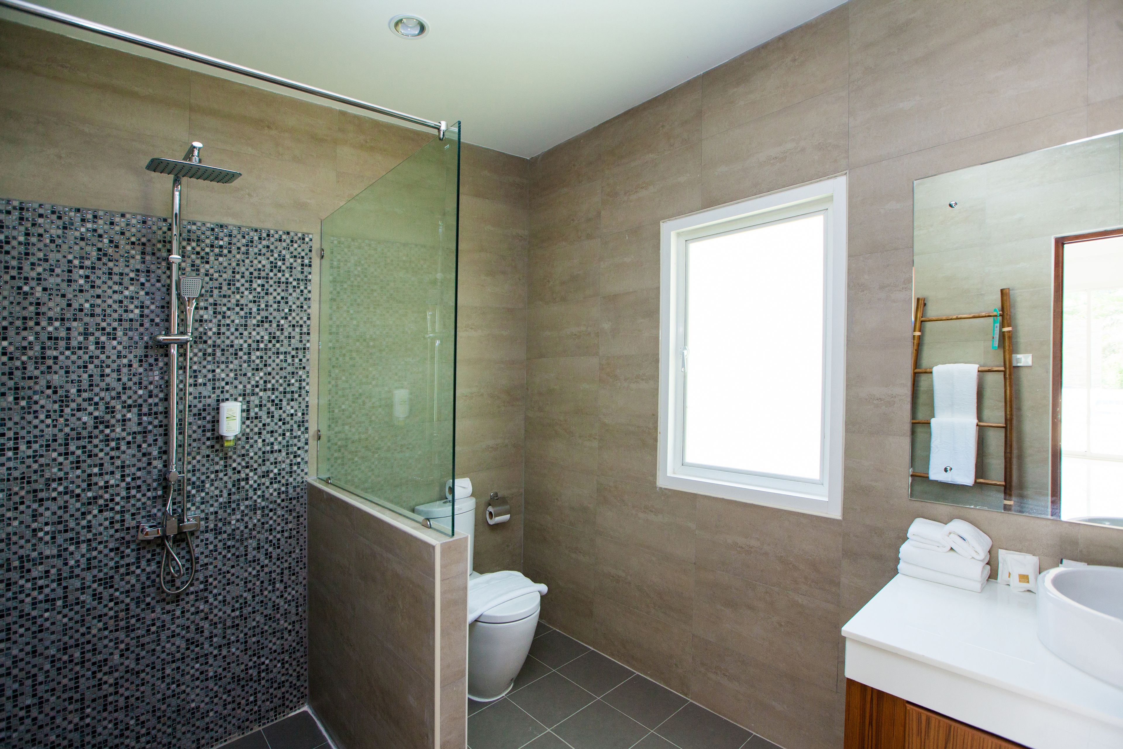 A modern bathroom with a glass shower enclosure, a toilet, and a sink with a mirror.
