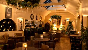 Un ambiente interior acogedor con varias zonas de estar, un bar y un árbol de Navidad decorado.