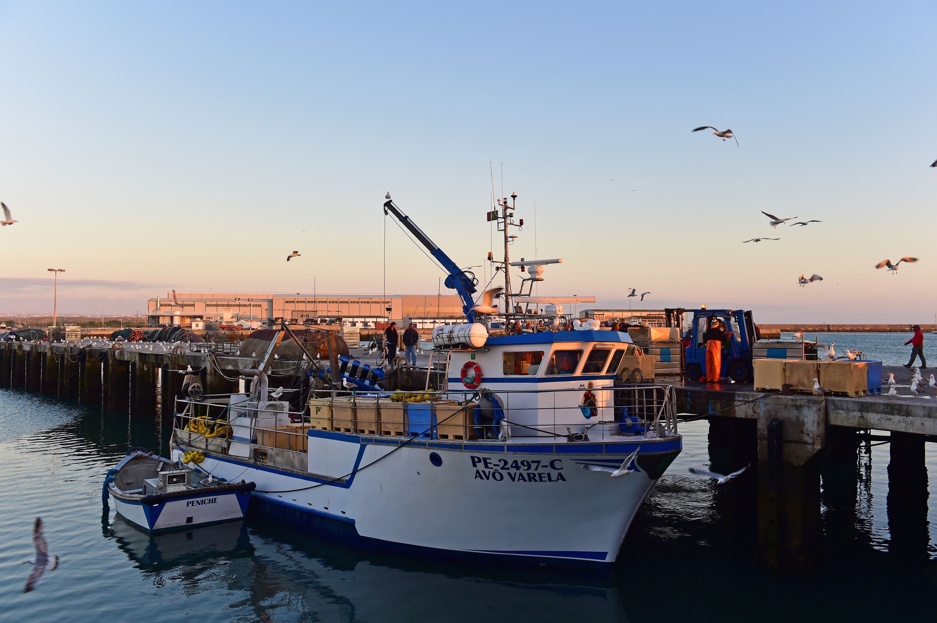 A docked fishing boat with a crane and a lifebuoy.