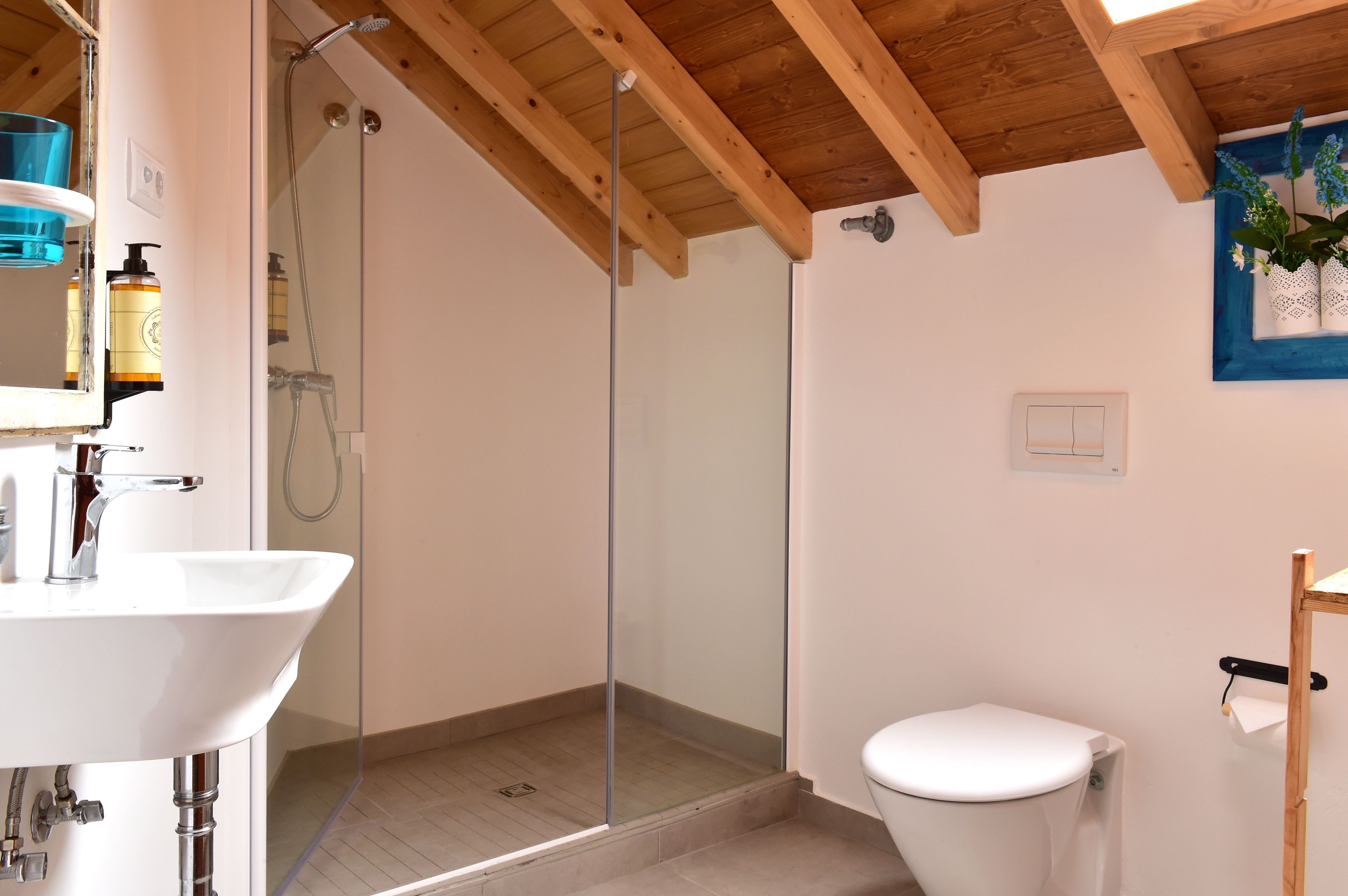Un baño con cabina de ducha de vidrio, un lavabo blanco y un inodoro.