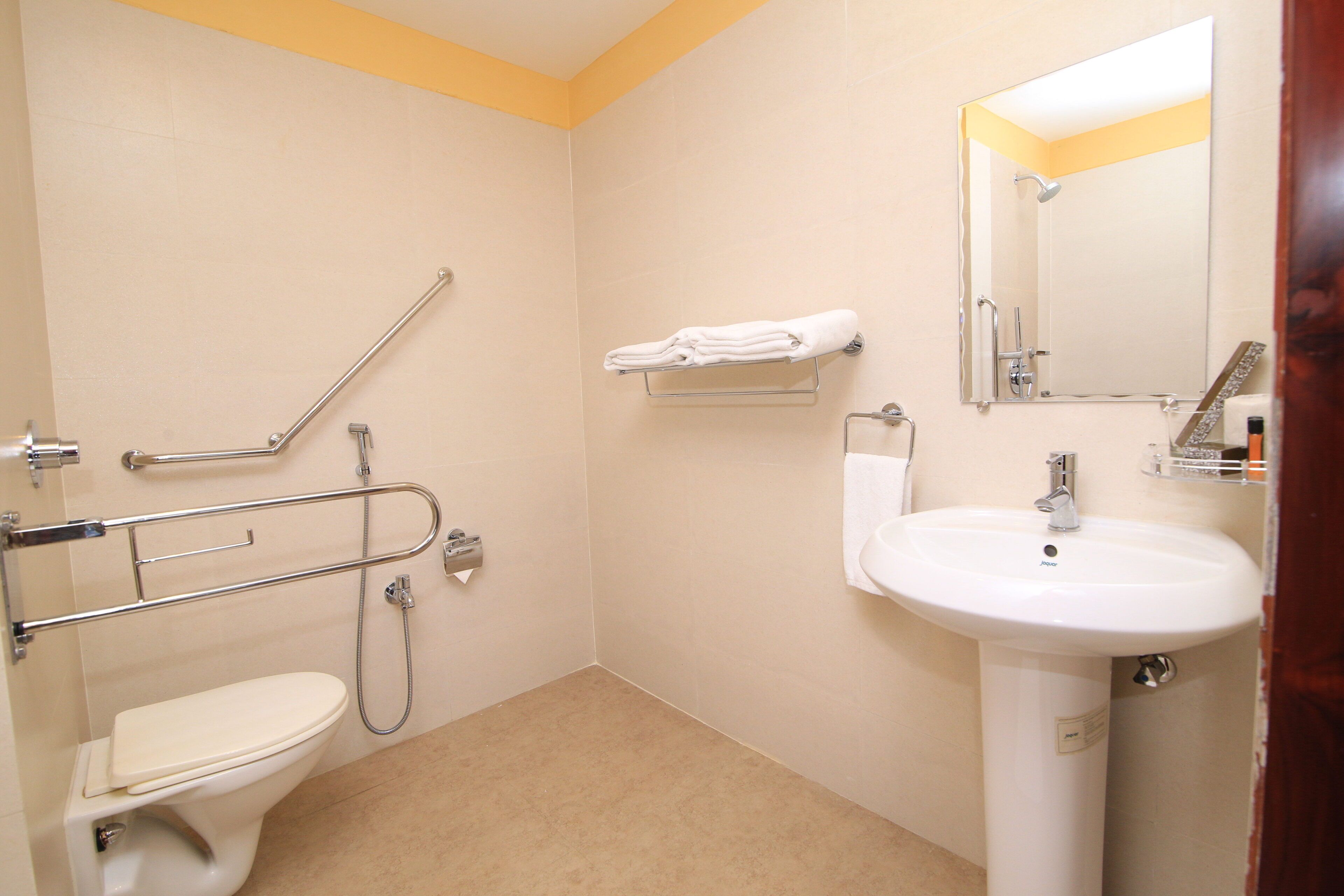 A bathroom with a toilet, grab bars, a sink, and a mirror.