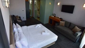 Una habitación de hotel con una cama grande, un sofá, un escritorio y un televisor.