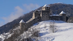 Un castillo de piedra histórico con múltiples torres, rodeado de árboles cubiertos de nieve y un telón de fondo montañoso.