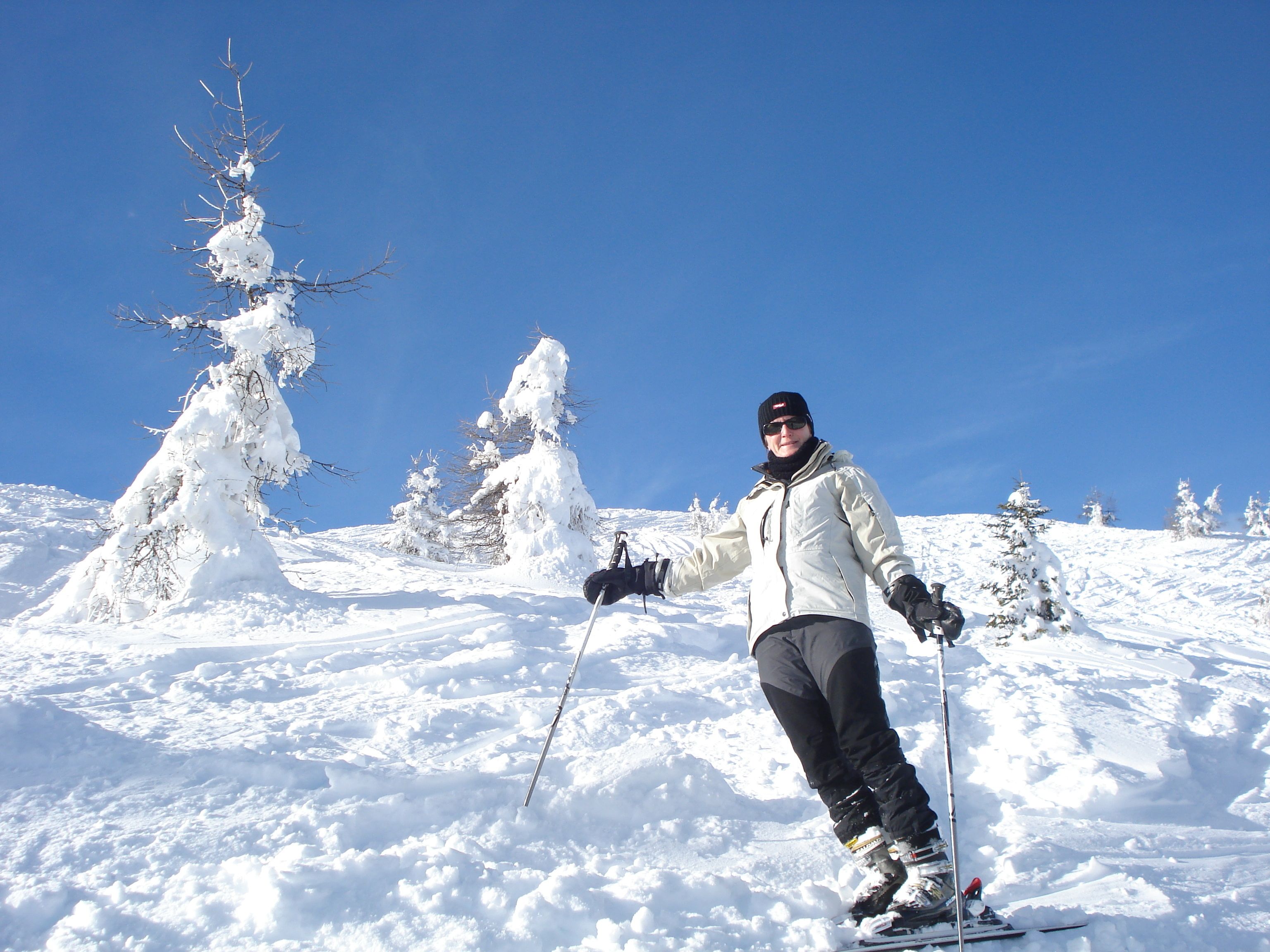 Eine Person fährt auf Skiern einen schneebedeckten Hang hinab, im Hintergrund sind Bäume zu sehen.