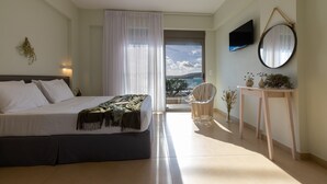 A bedroom with a bed, a chair, a table, a TV, and a view of the outdoors.