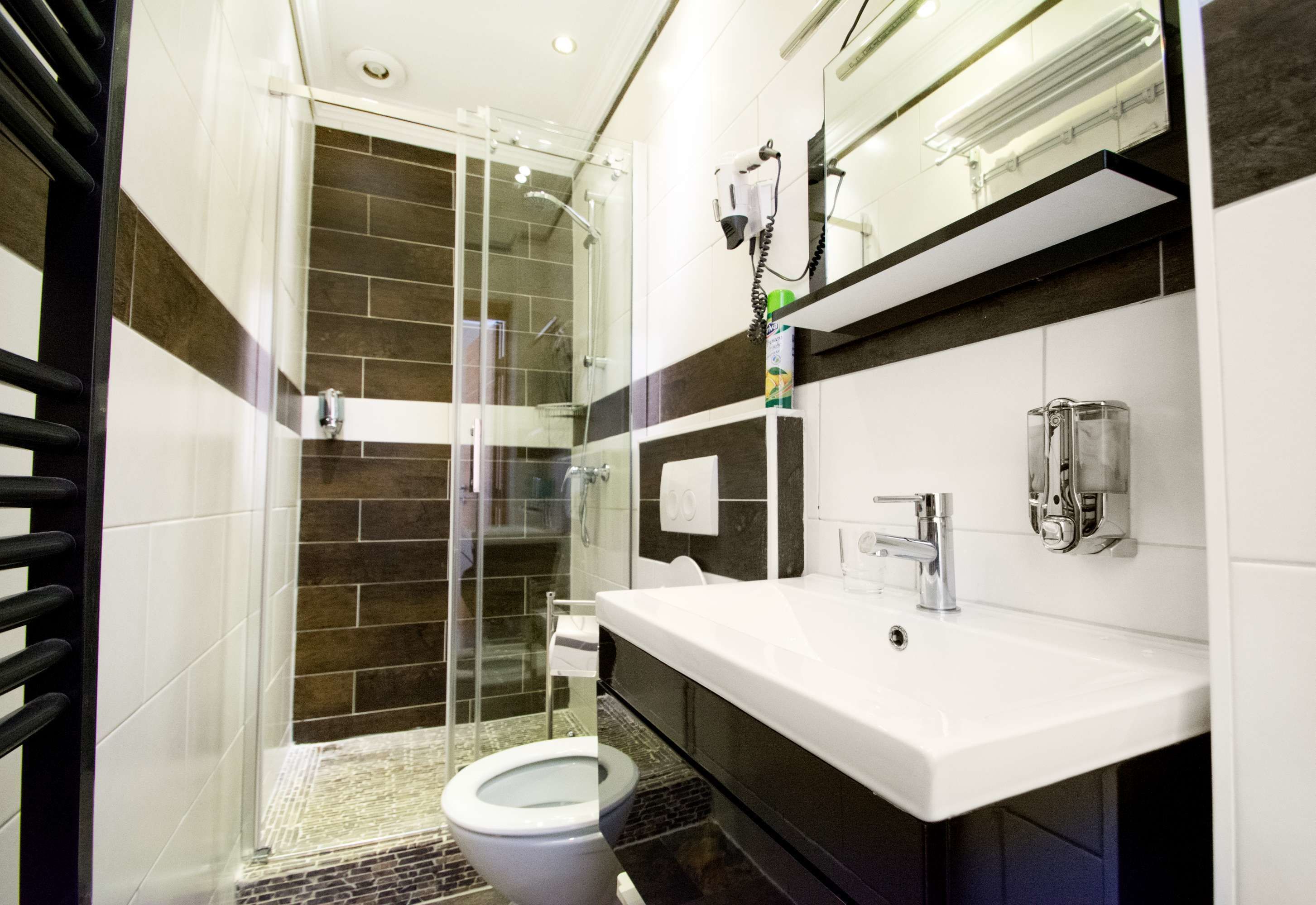 A modern bathroom with a glass shower enclosure, a white sink, and a large mirror.