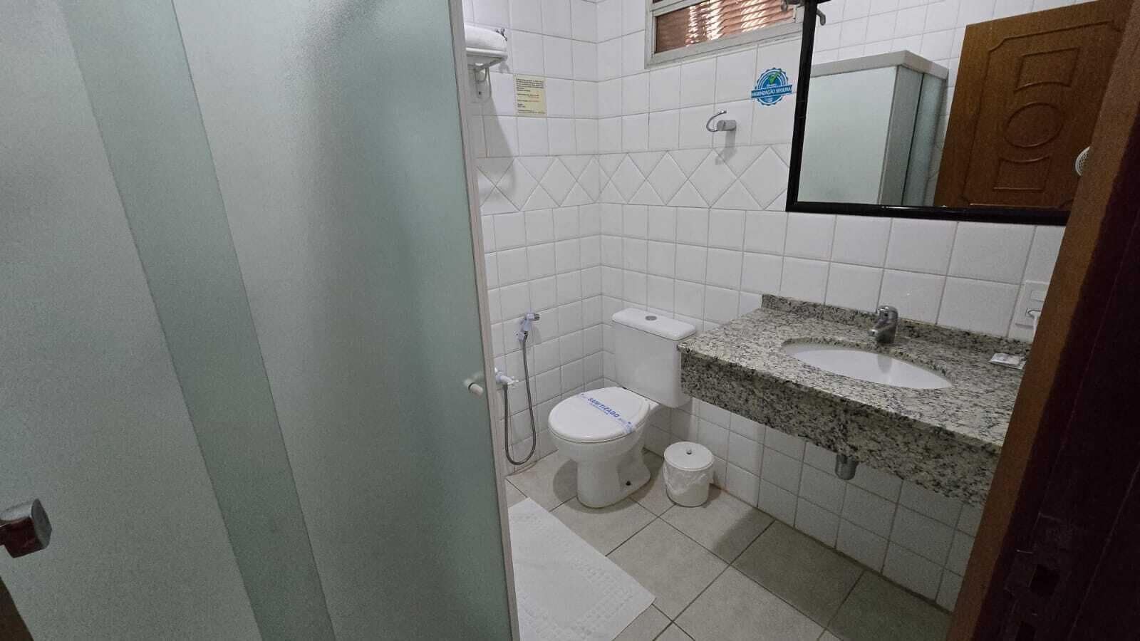 A small bathroom with a toilet, sink, and shower.