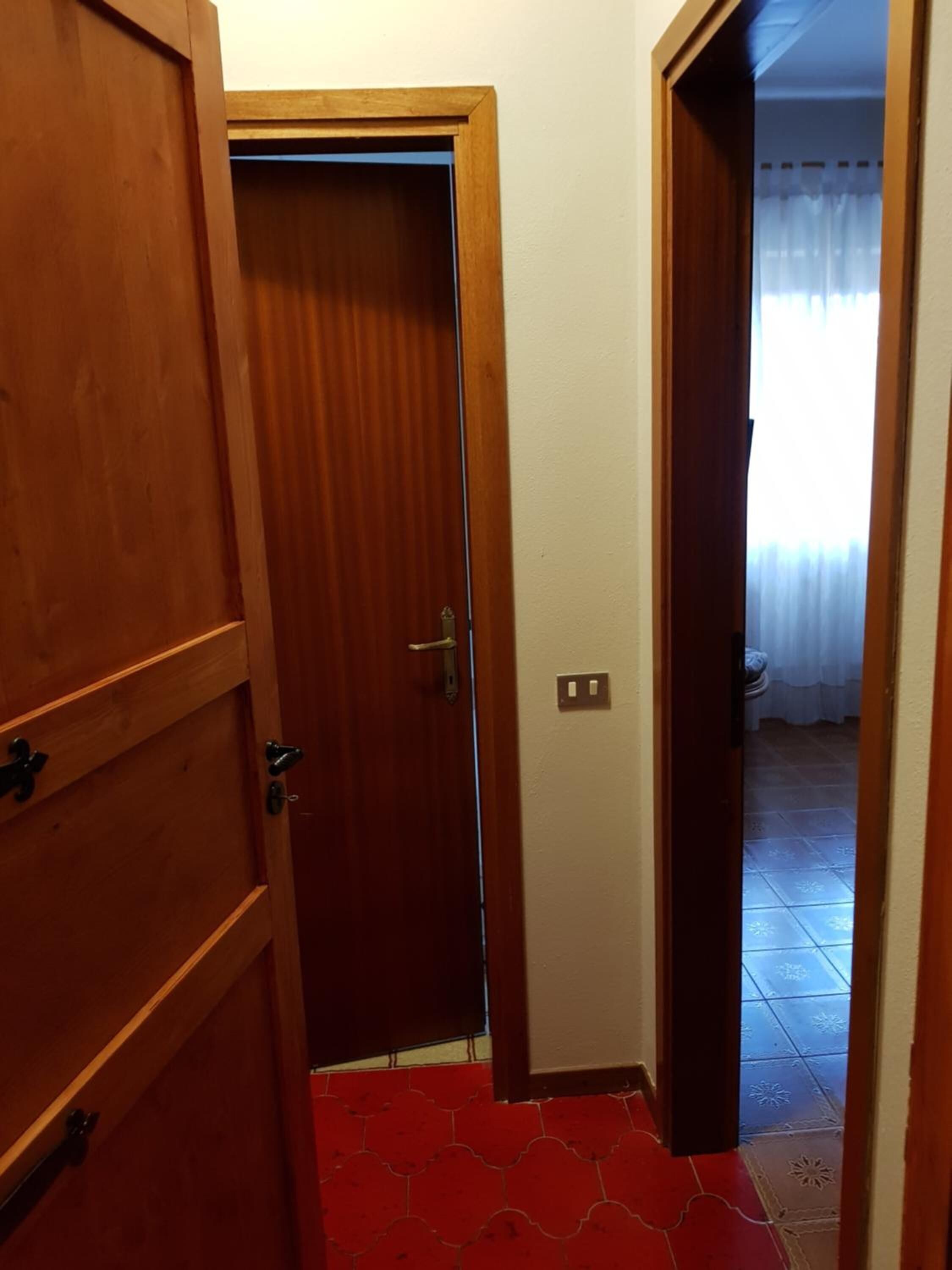 A hallway with a wooden door, a red patterned floor, and a light switch on the wall.