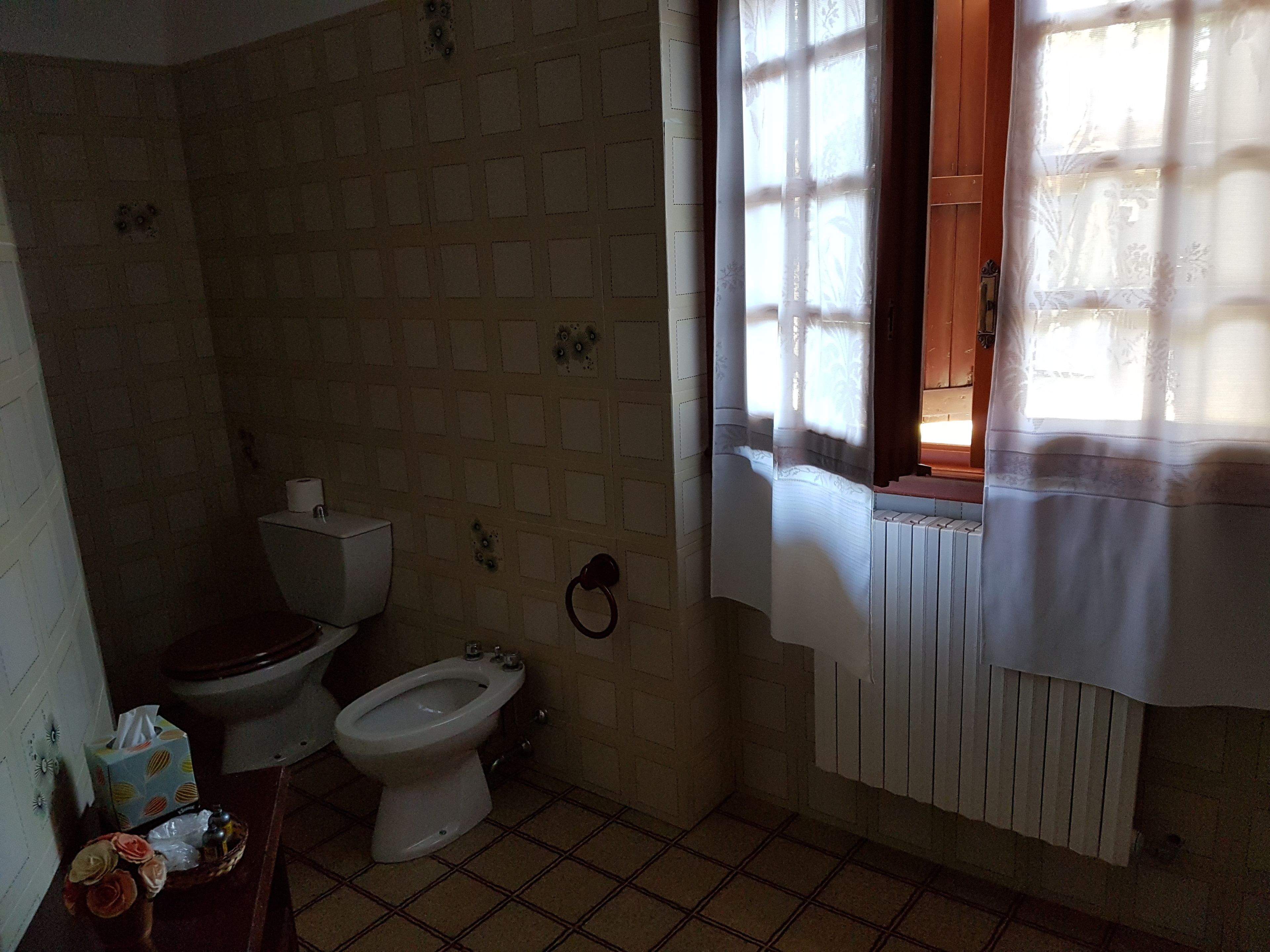 A small bathroom with a toilet, bidet, and radiator.