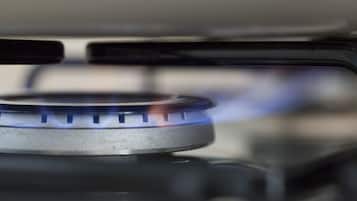 A close-up of a gas stove burner with a blue flame.