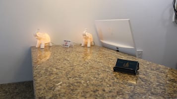 A granite countertop with two illuminated elephant figurines, a sign, and a laptop.