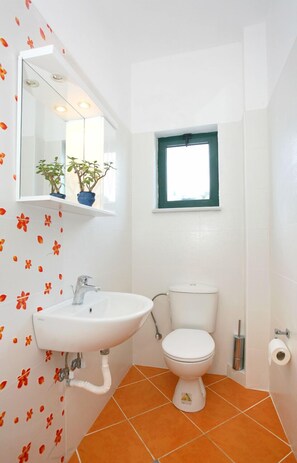 Ein Badezimmer mit einem weißen Waschbecken, einer Toilette und einem Fenster mit grünem Rahmen.
