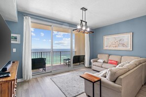 Condo, 2 Bedrooms, Sea View (1613) | Living area | TV - Shores of Panama by Panhandle Getaways (Panama City Beach)