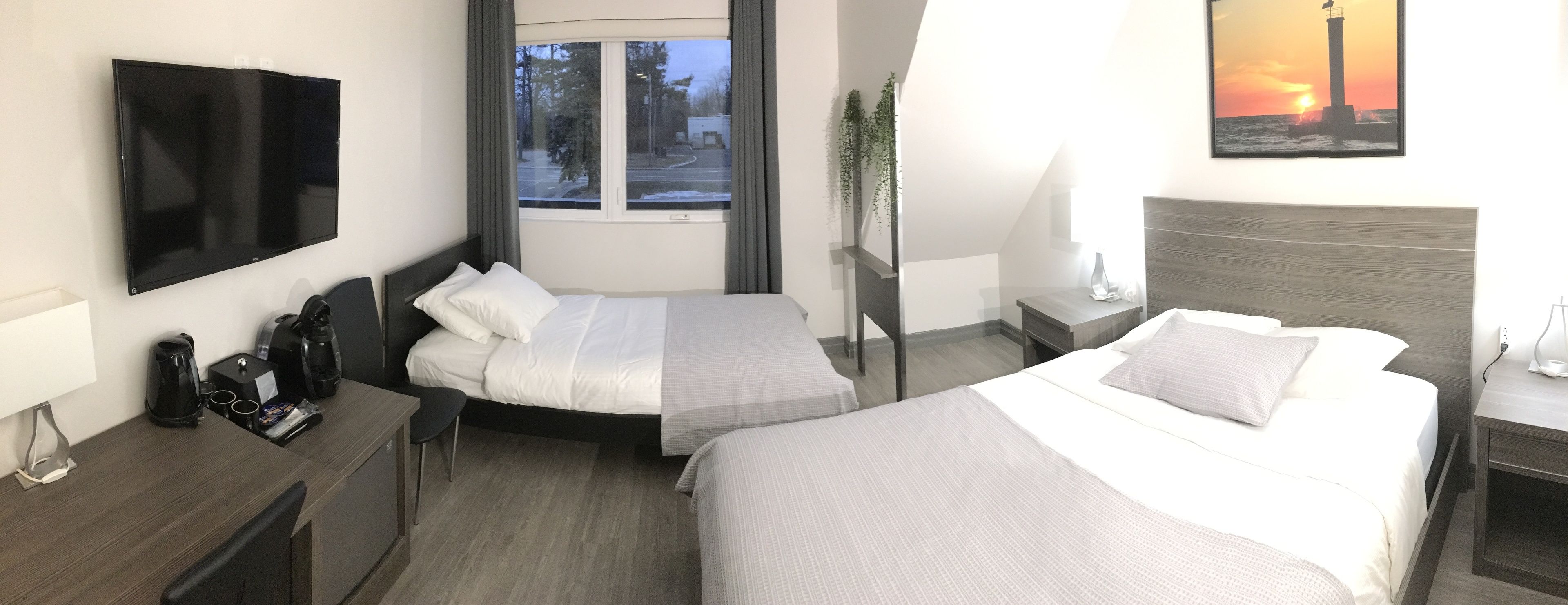 laptop workspace, soundproofing, iron/ironing board, bed sheets