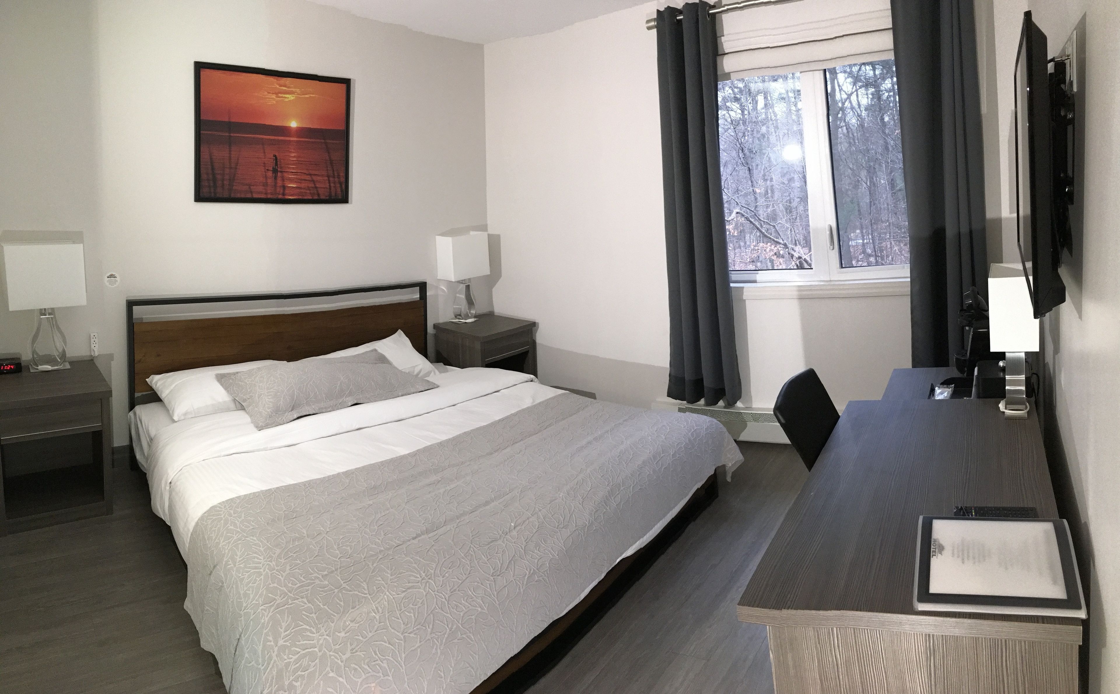 laptop workspace, soundproofing, iron/ironing board, bed sheets