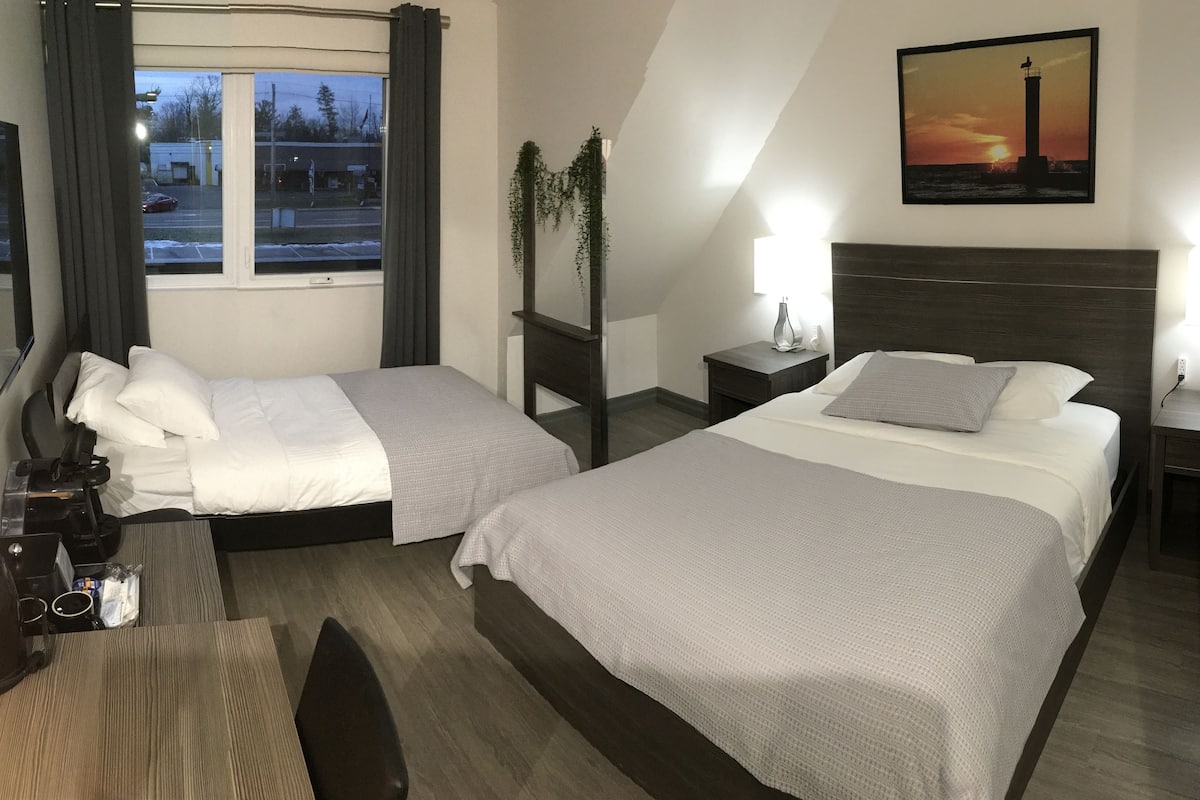 laptop workspace, soundproofing, iron/ironing board, bed sheets