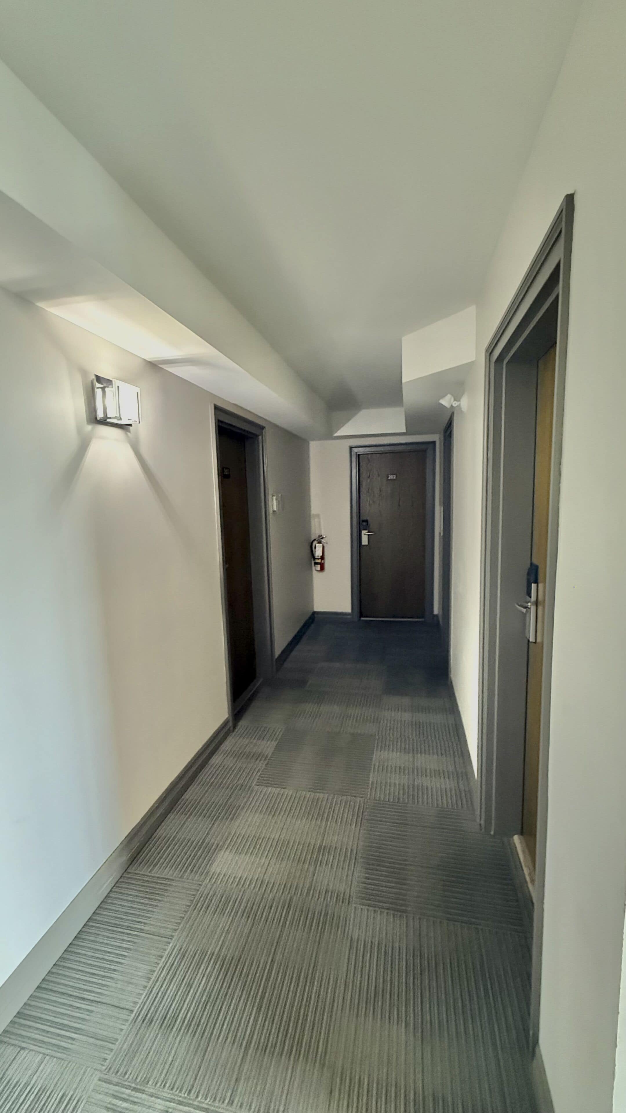 Un pasillo con piso alfombrado, puertas y un extintor.