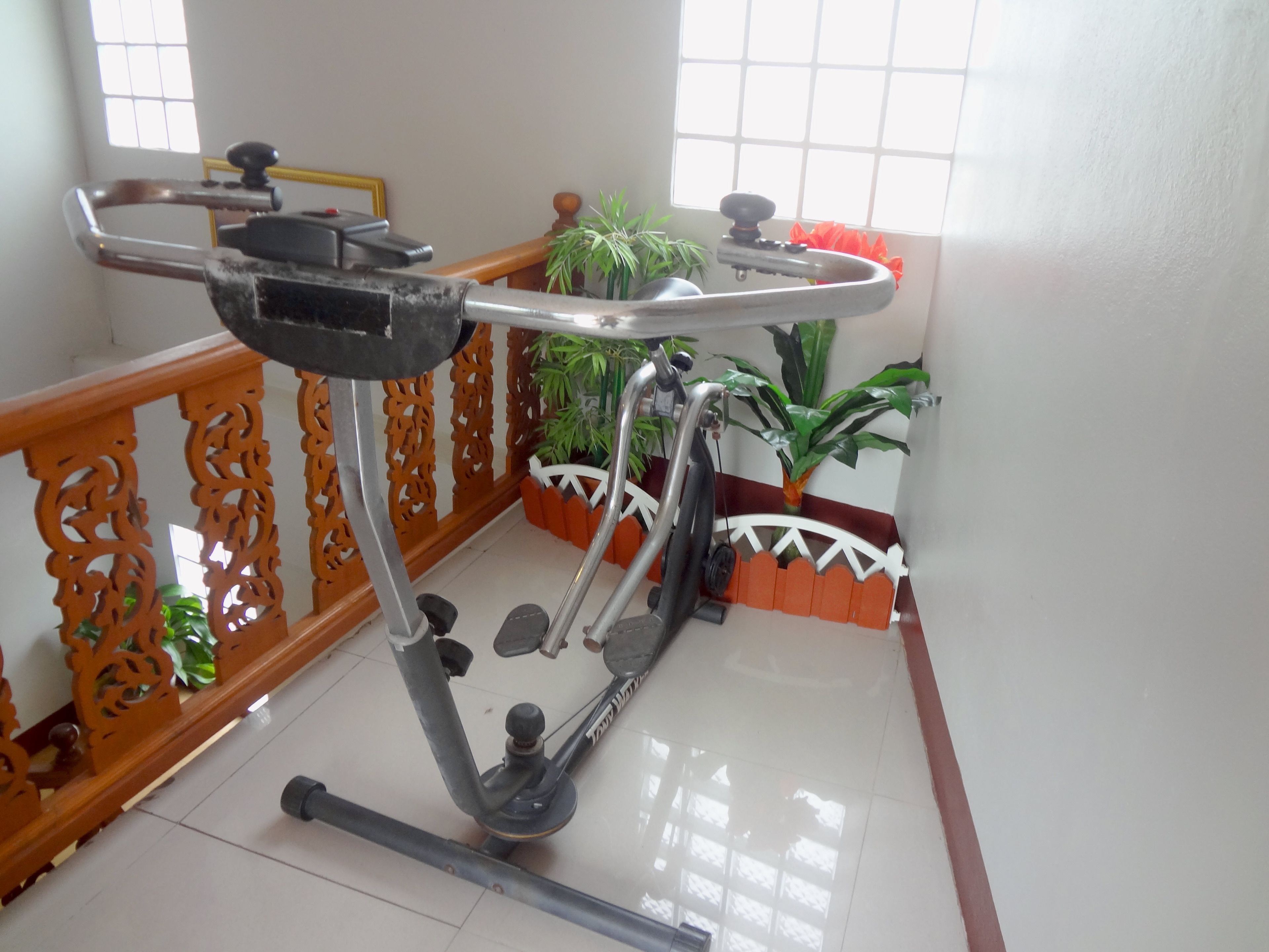 A stationary bike in a room with a wooden railing, a potted plant, and a window.