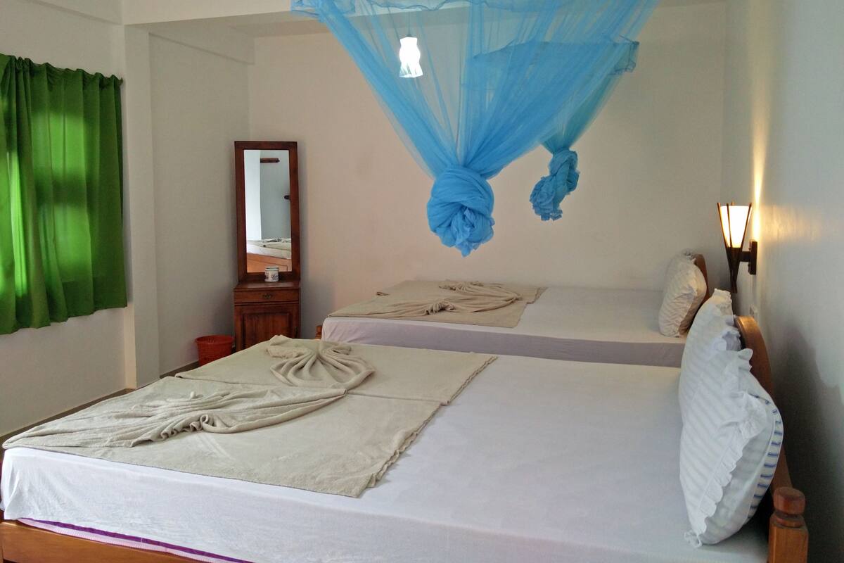 Un dormitorio con dos camas, un espejo, una mesita de noche y un dosel azul colgante.