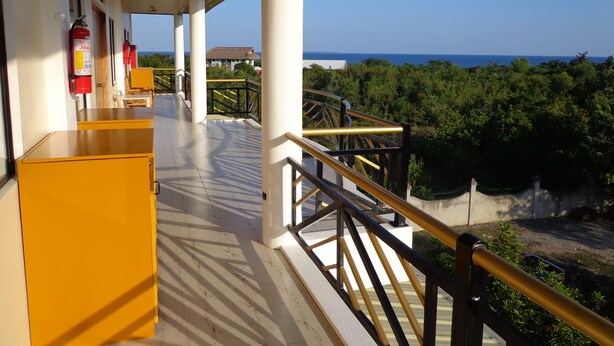 Een balkon met uitzicht op de oceaan en groen.