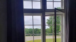 A room with a large window, a potted plant on the windowsill, and a bed with pillows.