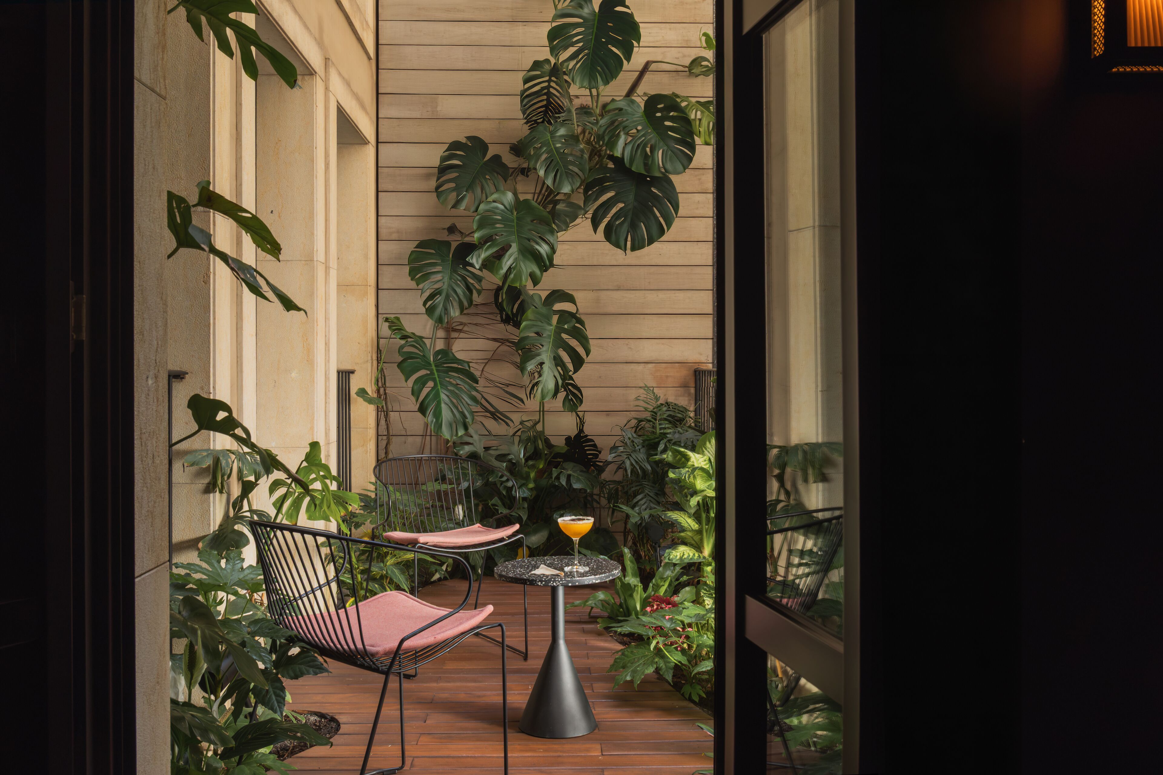 Un espacio al aire libre acogedor con una mesa y sillas, rodeado de exuberantes plantas tropicales.