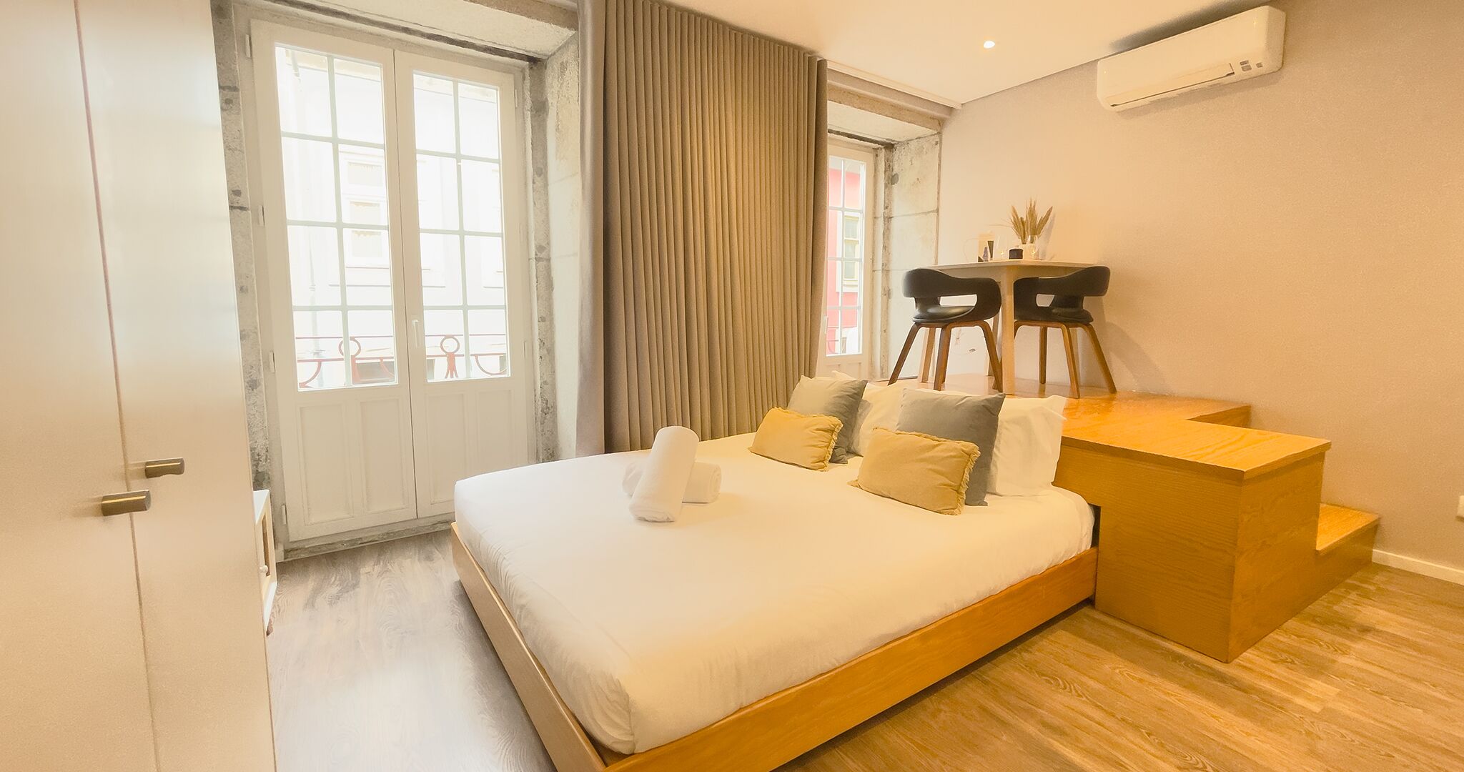 Desk, blackout curtains, soundproofing, iron/ironing board