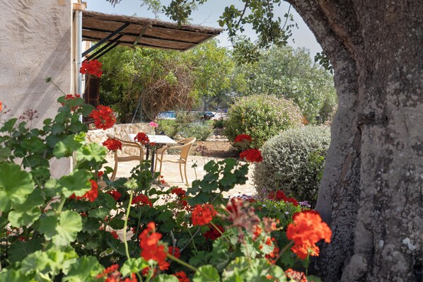 A patio with a table and chairs, surrounded by red flowers and greenery. - Finca Son Marimon - Adults Only (Santanyi)