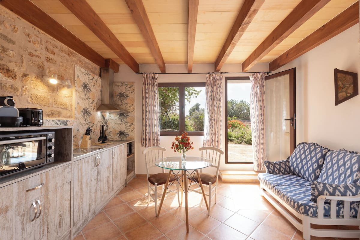 A kitchen with a built-in oven, a dining table with chairs, and a sofa.