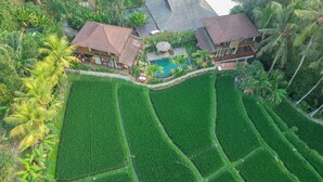 A large, multi-story building with a swimming pool and lush green fields. - Gusde Tranquil Villas by EPS (Ubud)