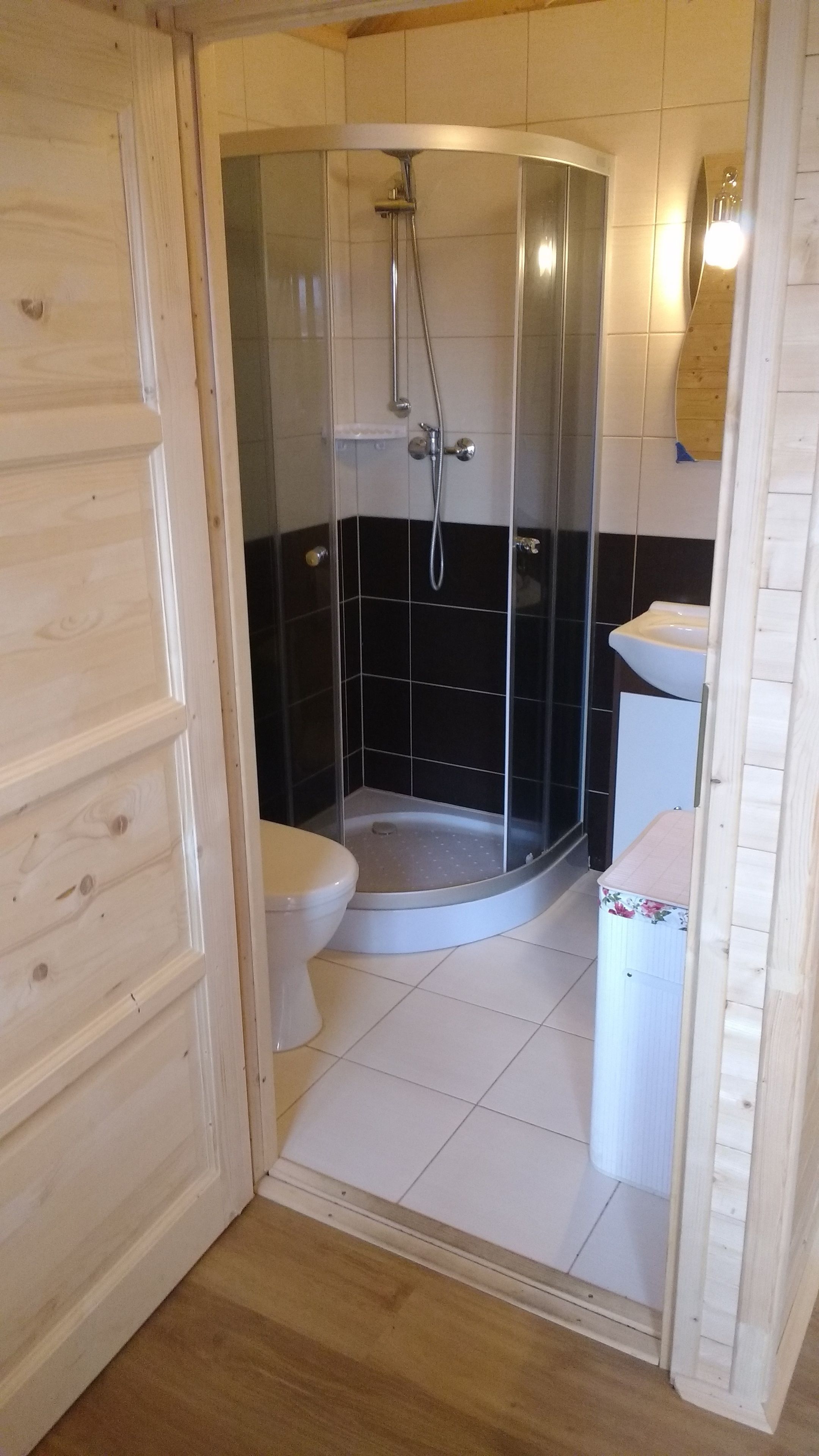 A bathroom with a glass-enclosed shower, a toilet, and a sink.
