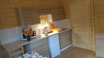 Fridge, microwave, stovetop, electric kettle