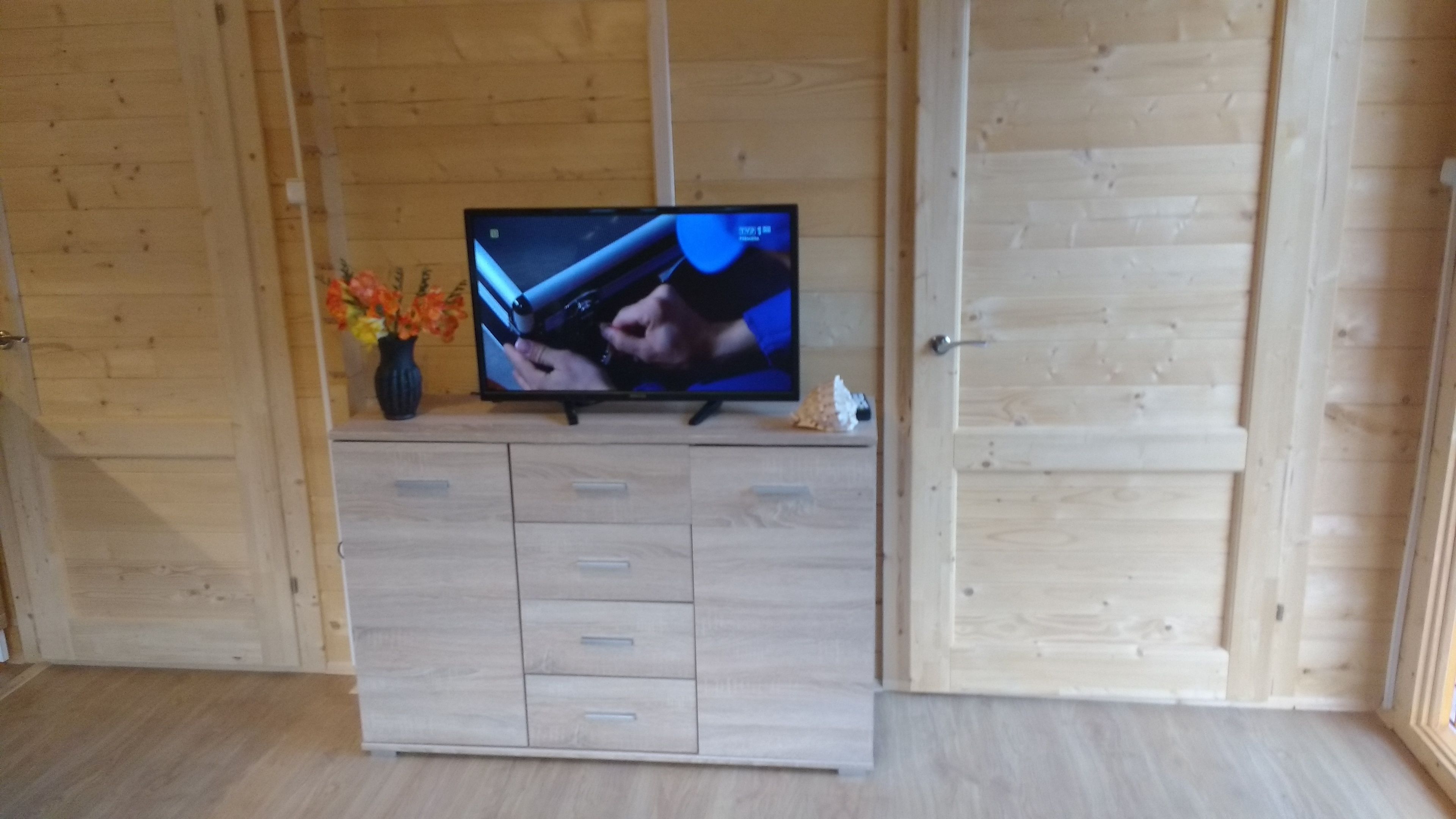 A television on a wooden cabinet in a room with wooden walls and floor.