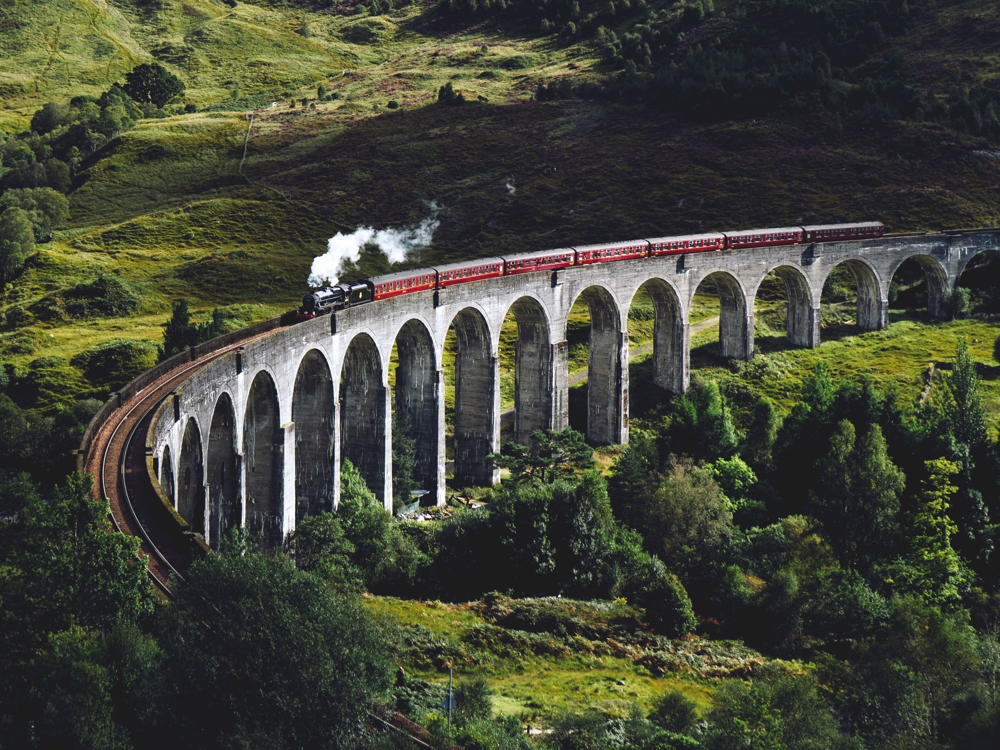 A train crossing a stone viaduct over a lush green valley.