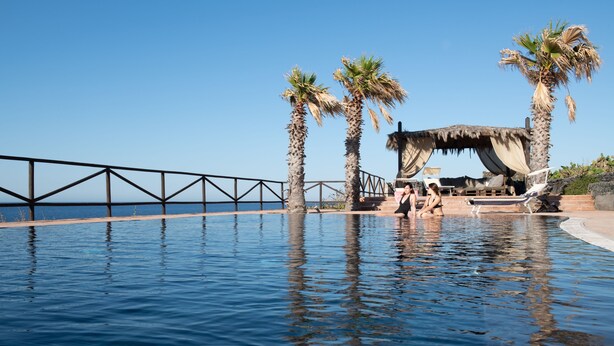 A swimming pool with a metal railing, palm trees, and a shaded area with lounge chairs.