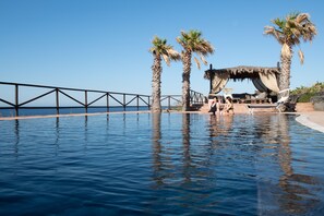 Une piscine avec une rambarde en métal, des palmiers et un espace ombragé équipé de chaises longues.