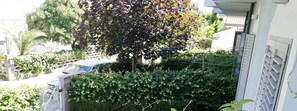 A residential area with a tree, a car, and a white building with shutters. - Residence Margherita (Rimini)