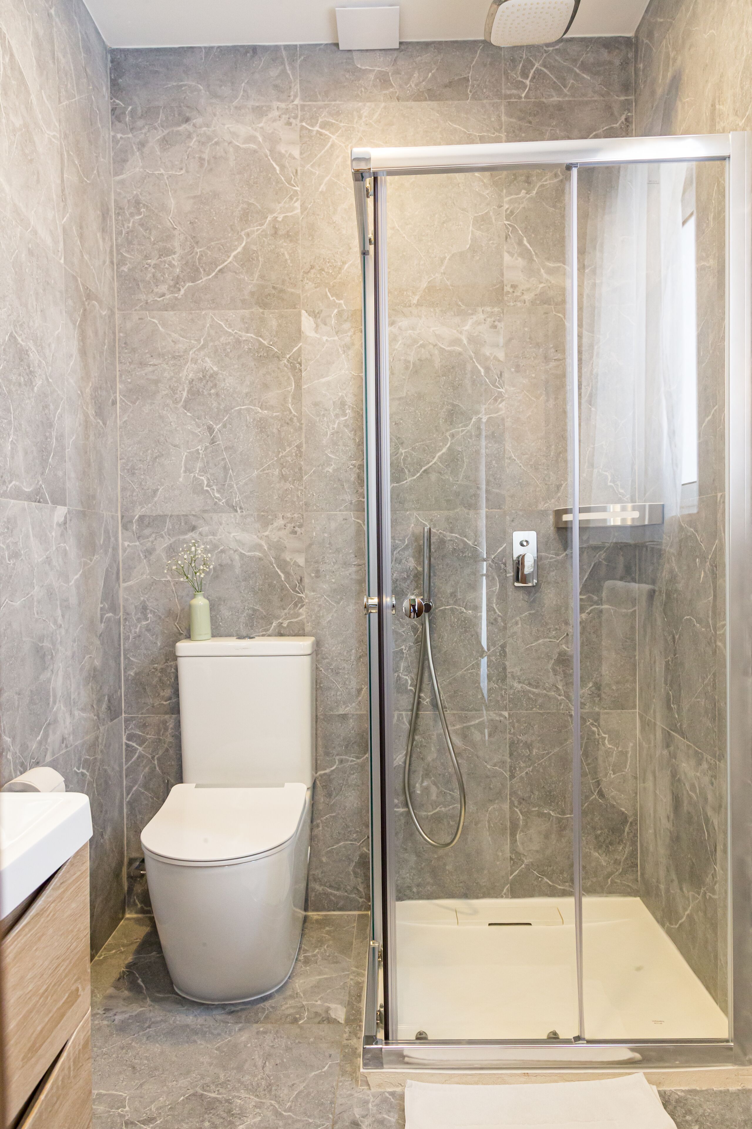 Un bany modern amb dutxa d'acer, un vàter i un lavabo.