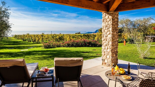 Une terrasse extérieure avec des piliers en pierre, une table entourée de chaises et une vue sur un vignoble.