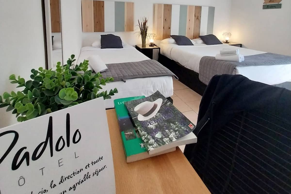 A hotel room with two beds, a bedside table with a plant, a sign reading "Padolo Hotel", and a wall-mounted air conditioner.