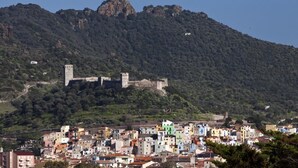 Un castillo histórico en una colina, con un pueblo colorido en la falda.