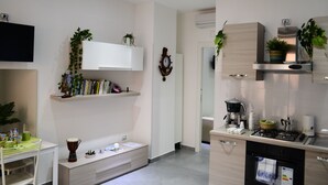 A modern kitchen with a flat-screen TV, built-in shelves with plants, a coffee maker, and a gas stove.