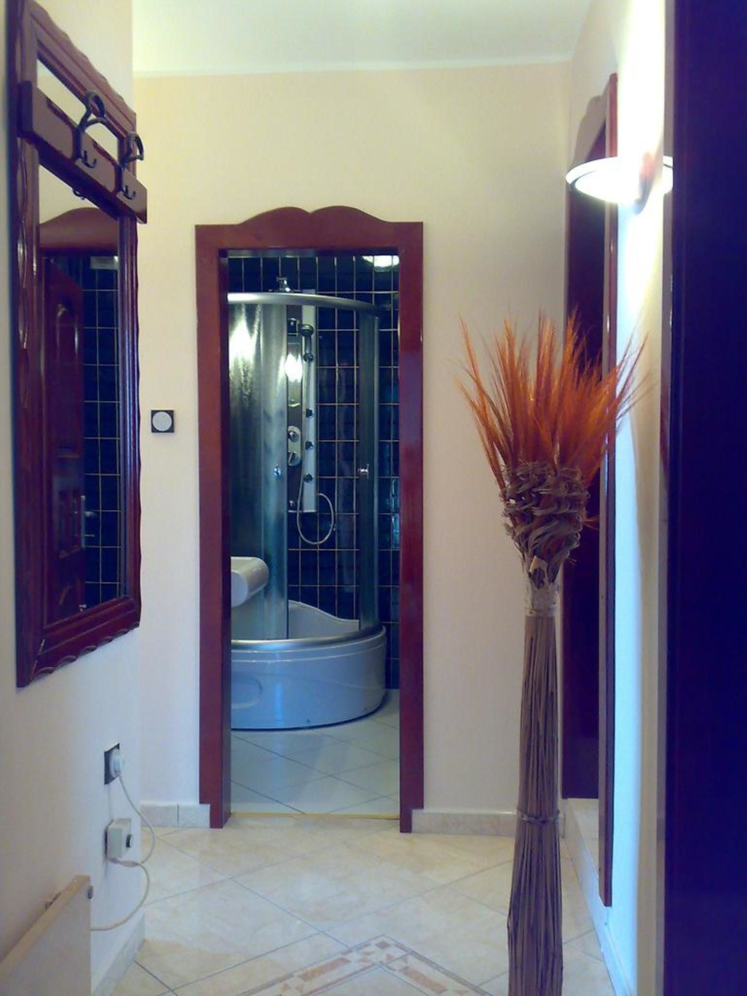 A hallway leading to a bathroom with a shower, a mirror, and a vase with dried plants.