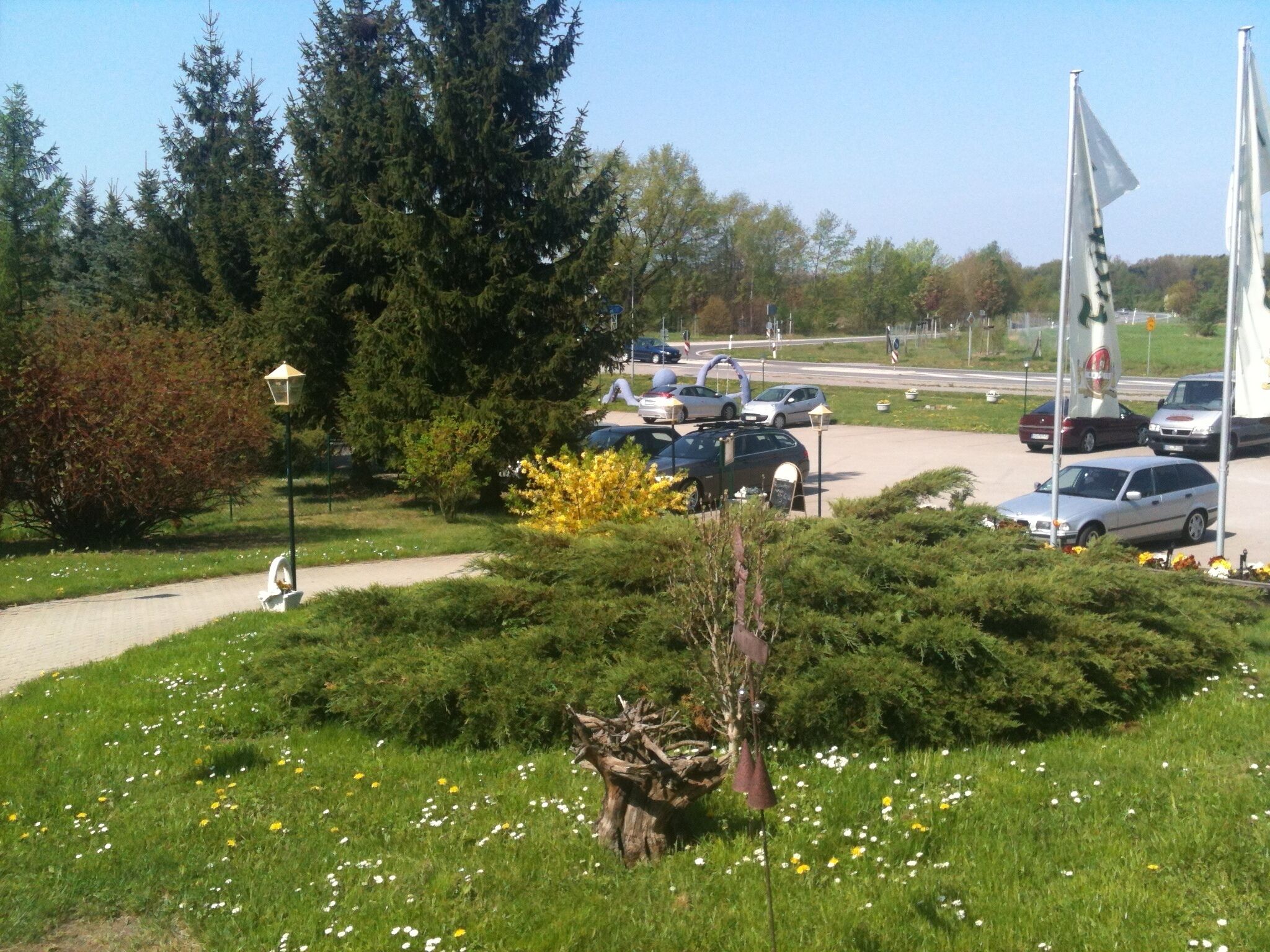 A parking area with cars, a flag, and a flagpole.